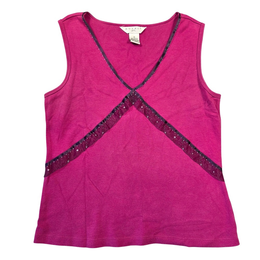 Vintage Outfit JPR Womens Magenta Pink Beaded V-Neck Sleeveless Cotton Top M Y2K